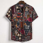 Summer Man Shirt Mens Ethnic Printed Stand Collar Cotton Linen Stripe Short Sleeve Loose Hawaiian Henley Shirt hawaiian shirt