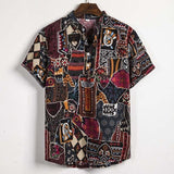 Summer Man Shirt Mens Ethnic Printed Stand Collar Cotton Linen Stripe Short Sleeve Loose Hawaiian Henley Shirt hawaiian shirt