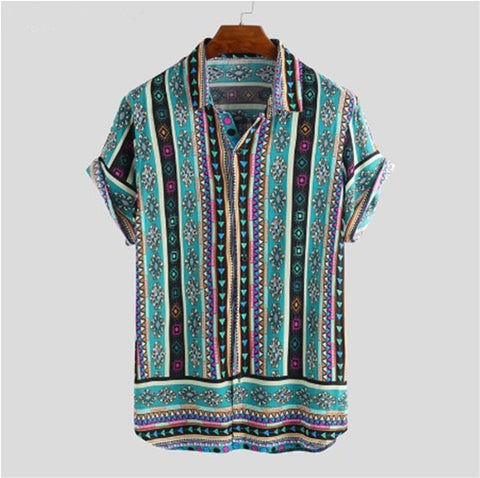 Men Shirt Ethnic Style Print Men Casual Shirt Lapel Neck Streetwear
