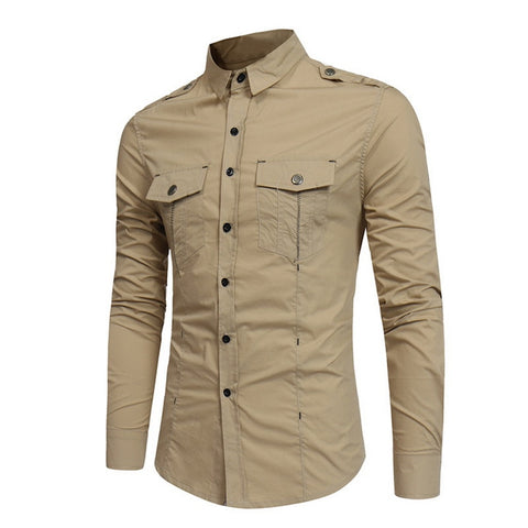 Shirt Men Cotton Solid Long Sleeve Shirt Casual Pockets Chemise Homme Autumn Slim
