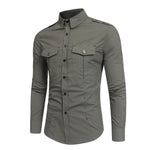 Shirt Men Cotton Solid Long Sleeve Shirt Casual Pockets Chemise Homme Autumn Slim
