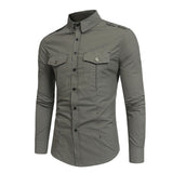 Shirt Men Cotton Solid Long Sleeve Shirt Casual Pockets Chemise Homme Autumn Slim