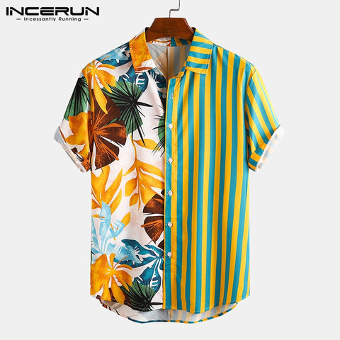 Fashion Men Hawaiian Shirt Short Sleeve Streetwear Print Striped